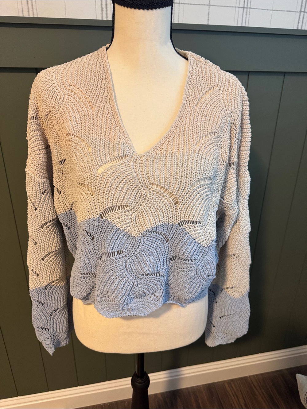 miami Cream and Light Blue V-Neck Open-Knit Sweater